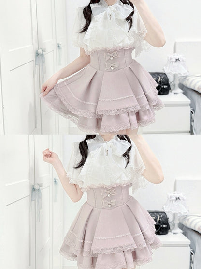 White Lace Butterfly Sleeve Blouse with Hand-tied Bow - shirohato