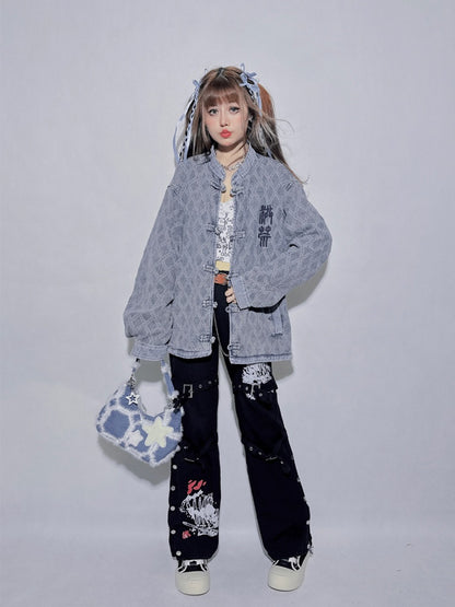 デニムブルー ラウンドネック レター ルーズジャケット