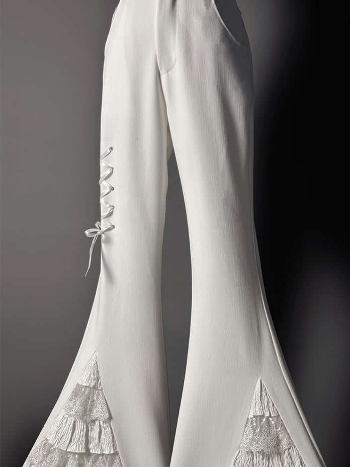 レースパッチフレアカフスパンツホワイトティアード