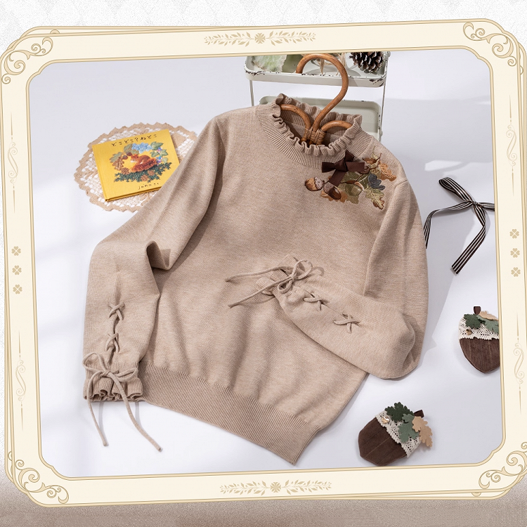 秋の松ぼっくりトップス カフス カーキネックライン レースアップ ニット 刺繍