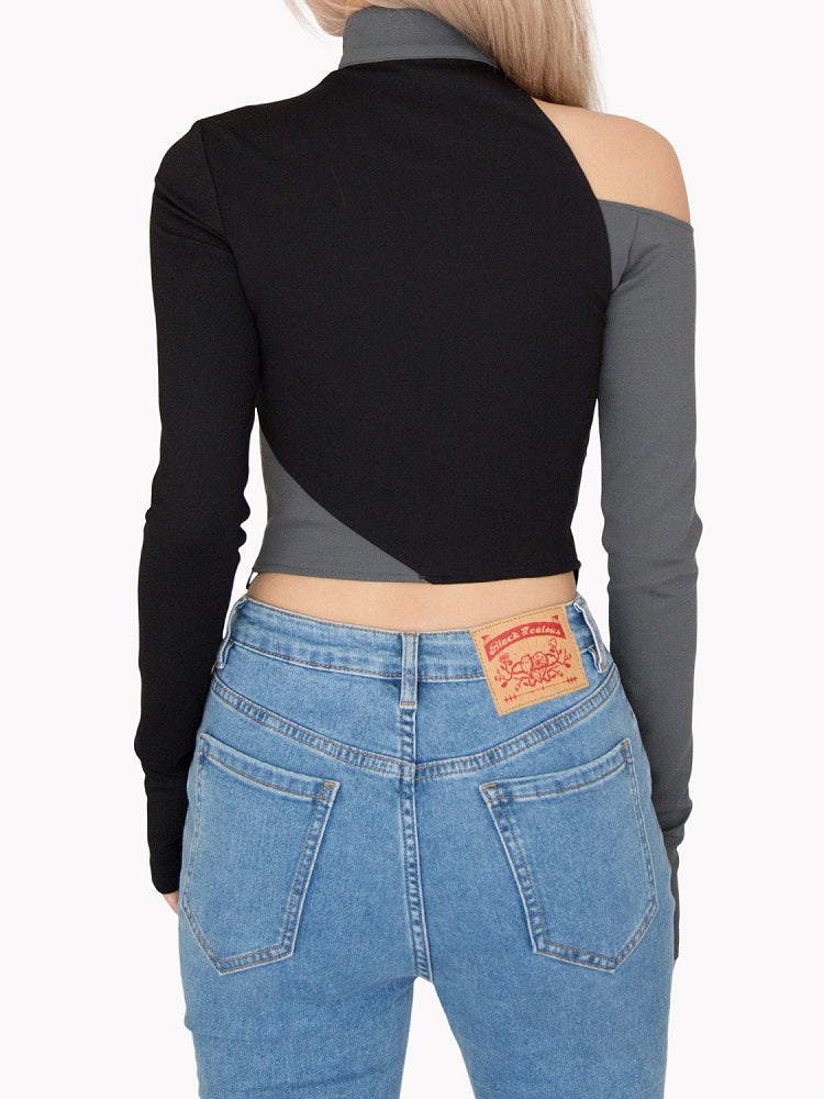 Cyberpunk Schwarz &amp; Grau Stehkragen Cutout Detail Asymmetrischer Saum Glamouröses Top