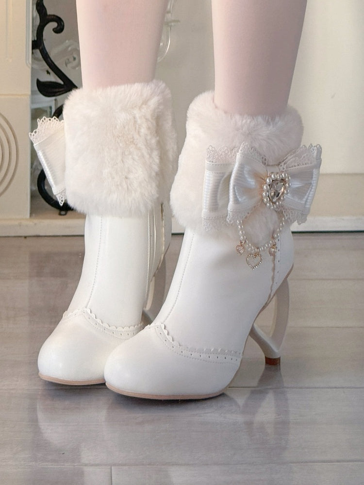 Rhinestone Cuff Bow Decor Boots - Heel and Sweet Beads Heart Off-white Winter Lolita Plush Design