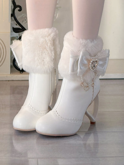 Rhinestone Cuff Bow Decor Boots - Heel and Sweet Beads Heart Off-white Winter Lolita Plush Design