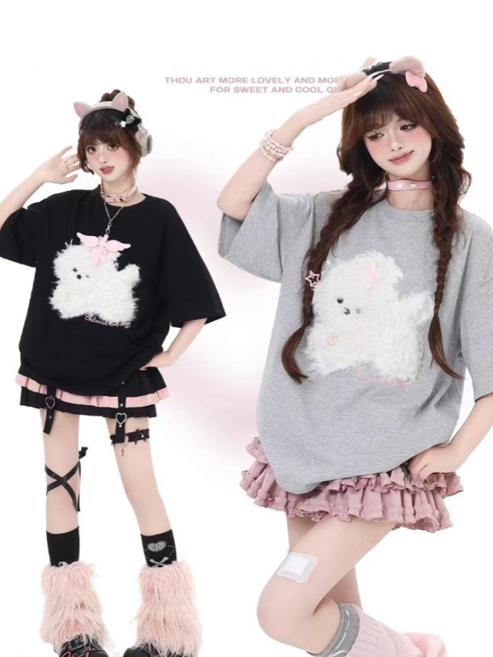 Black/Light Blue/Light Gray Plush Puppy Applique Loose T-Shirt