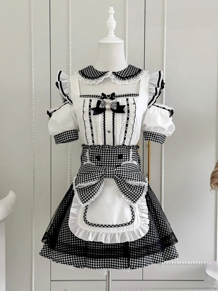 Maid Style Black & White Jirai-kei Cutout Shoulder Short Sleeve Top with Detachable Apron Skirt - Shi Zhai Xin