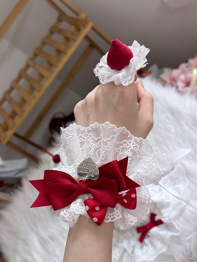 Bow Heart-Shaped Lace Wrist Cuffs Pink/Red Charm