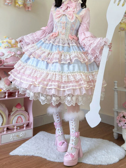 Hanayome Chain Decorated Princess Lolita Dress Blue Bead Bows