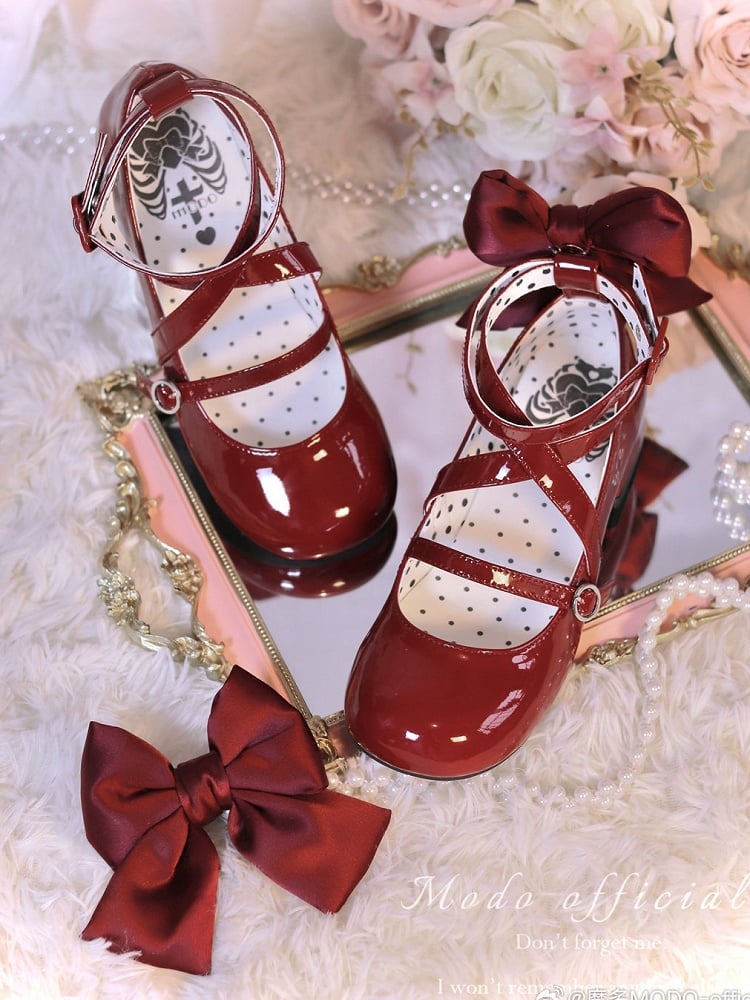 Accent Bow Crisscross Heels Mid Red Design Sweet Toe Round - Lolita