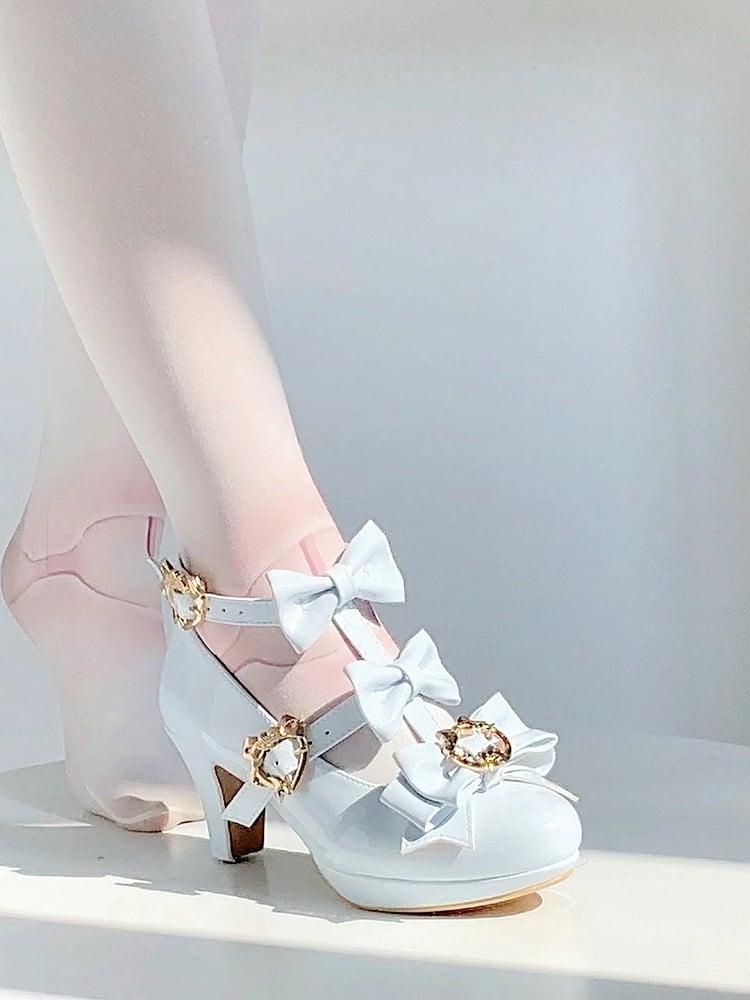 Kei Heart-shaped Light Lolita Heels Snap Blue Hime T-strap with High Closure