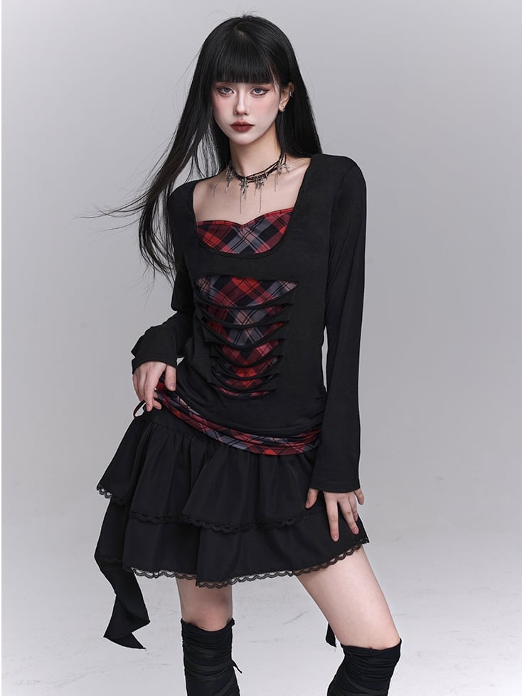 Sweetheart Neckline Distressed Holes Faux Two-pieces Red