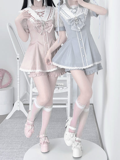 Set aus rosa/hellblauen Shorts mit Schleife hinten, Matrosenkragen, selbstbindendem Minikleid + gerüschtem hellem Saum, Jirai Kei