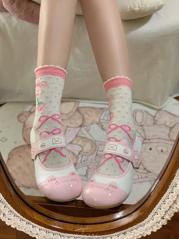 - with Lolita Low Pink PU Round Heels Leather Toe Sweet