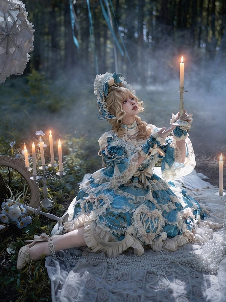 Floral Blue Edge with Hem Lolita Dress Print Scalloped Hime Lace