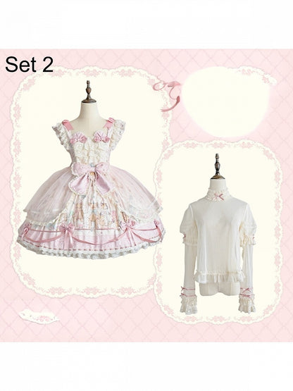 Sweet Lolita JSK Dress Set with Kawaii Bear Ears, Open Back Hem and Floral Print - Treasure House
