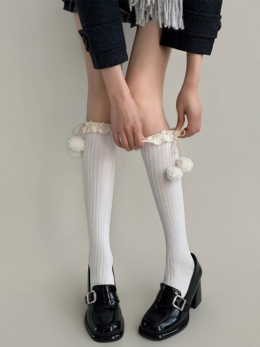 Stockings (5 Ruffle Pom-Pom Lace Trim Ribbed Colors)
