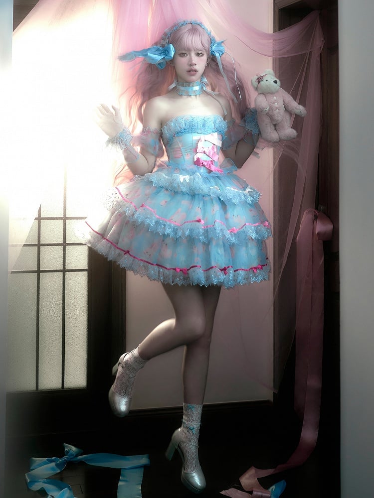 Bunny Blue Bow Boning Satin Kleid Akzente Niedlich Lolita Print