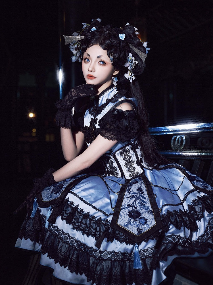 Blue and Black Elegant Cheongsam Collar Qipao Dress + Boned Corset Belt + Tassels Overlay Qi Lolita JSK Set