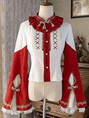 with Gold and Red Details Sleeves Dress Embroidery Tassel Chinoiserie Lolita Bell Beige