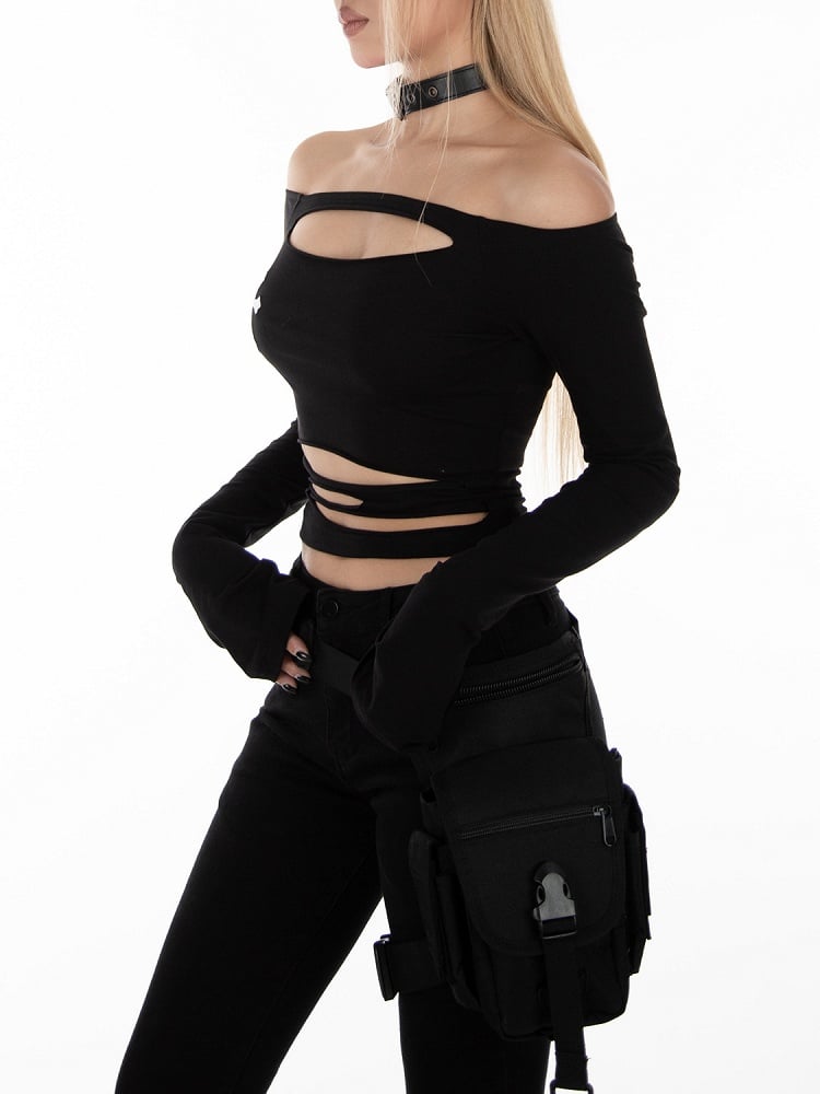 Top Black Off-Shoulder Punk with Distressed Rock Holes