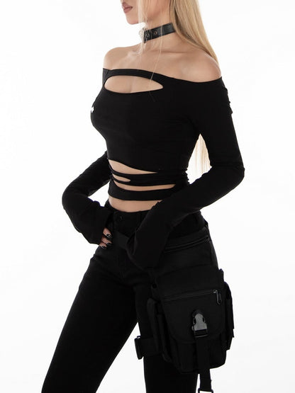 Top Black Off-Shoulder Punk with Distressed Rock Holes