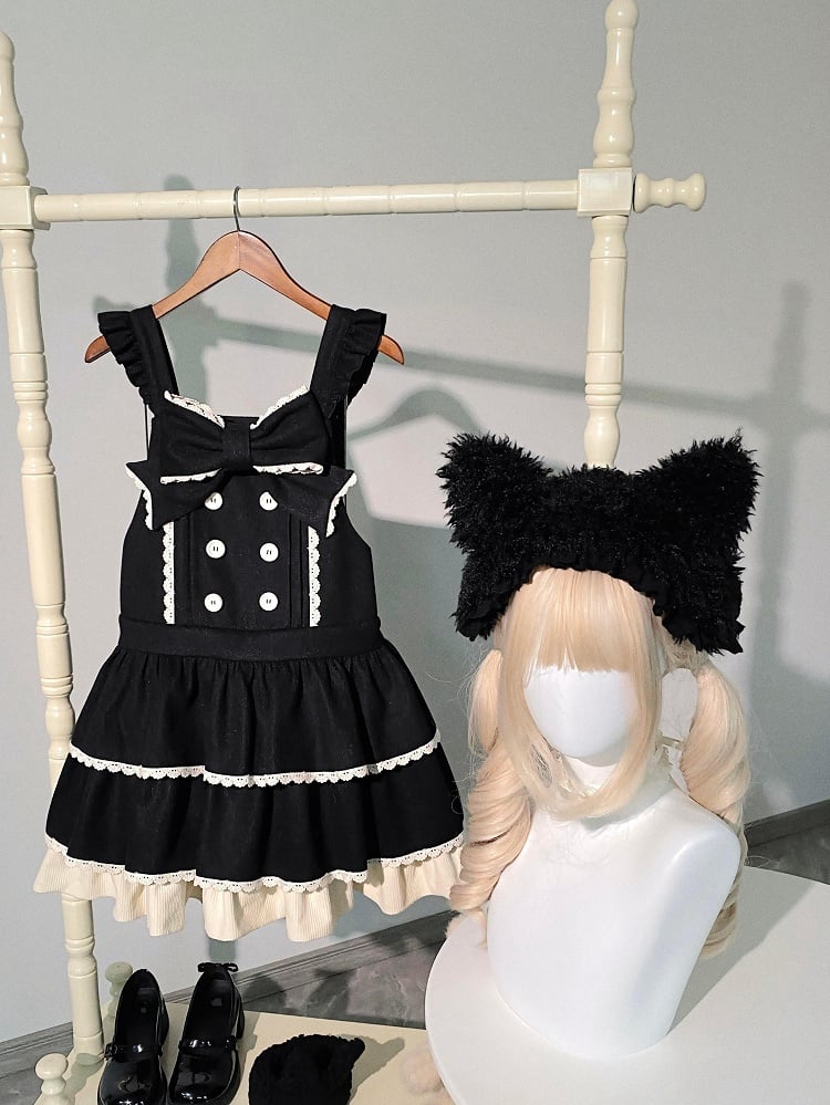 Tiered Ruffle Overall Sweet Dress Black Hem and Shoulder with Straps Lolita Bow
