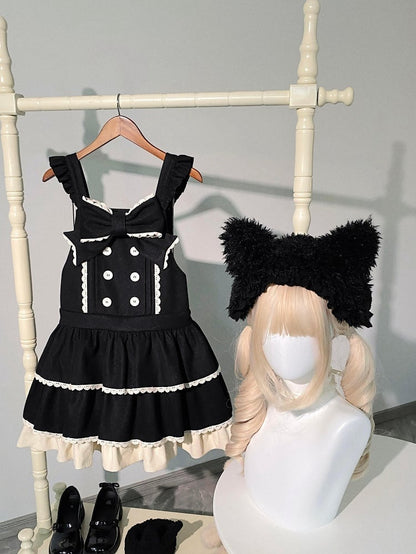 Tiered Ruffle Overall Sweet Dress Black Hem and Shoulder with Straps Lolita Bow