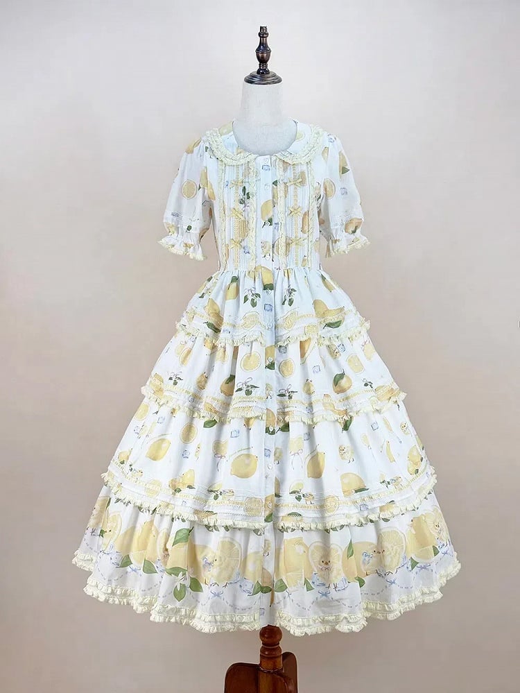 Short Front Lemon Sleeves Button Tiered Lolita Print Placket Skirt Dress White Chick and