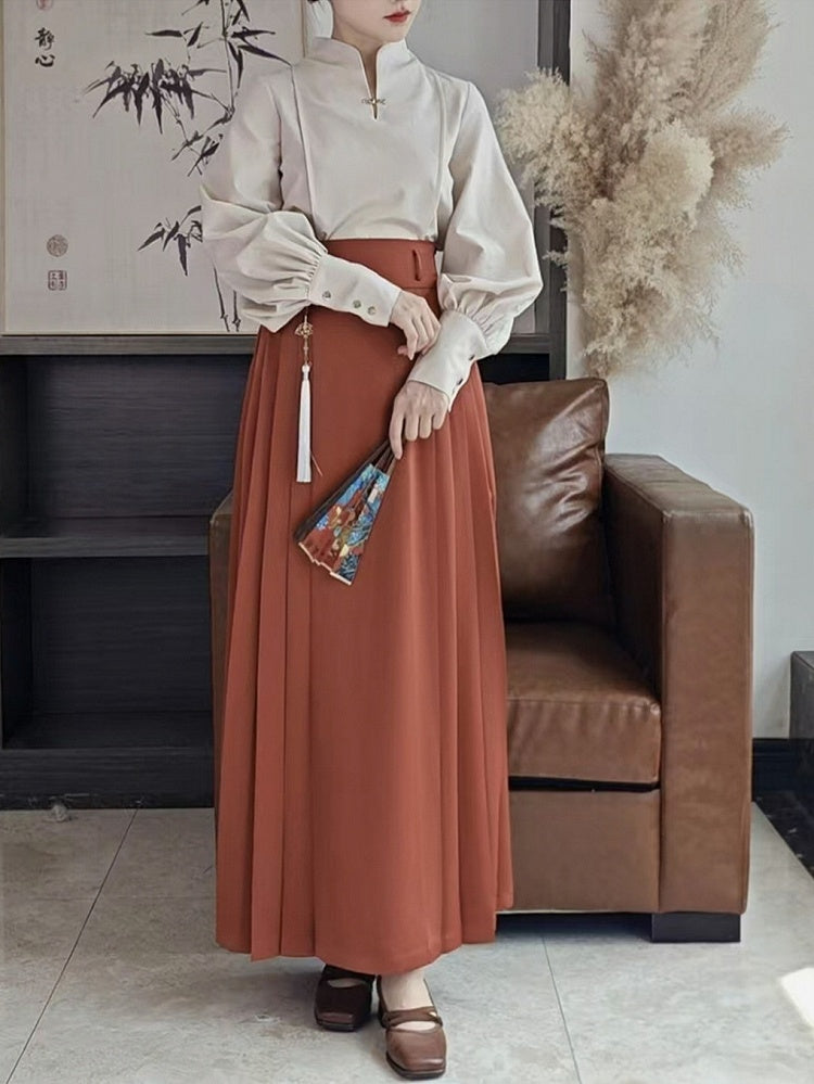 Balloon Blouse Beige Sleeves Snap Style Chinese with Fastener