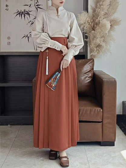 Balloon Blouse Beige Sleeves Snap Style Chinese with Fastener