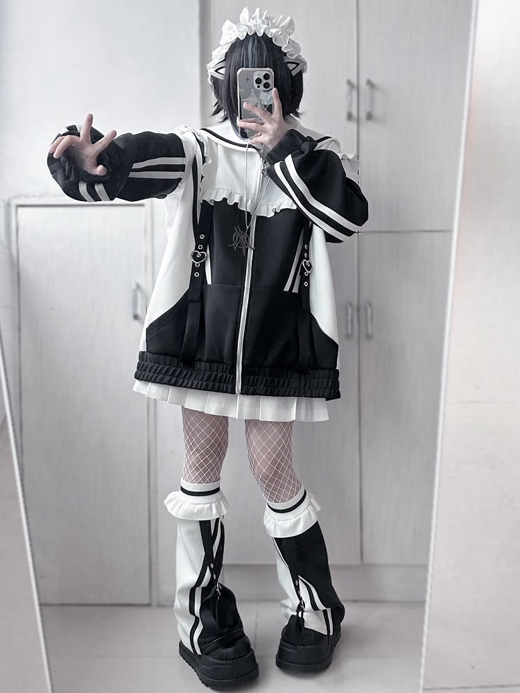 Sailor Zip WhiteBlack Collar Jacket Jirai Sweatshrit Closure Kei