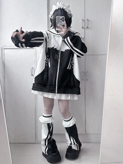 Sailor Zip WeißSchwarz Kragen Jacke Jirai Sweatshrit Verschluss Kei