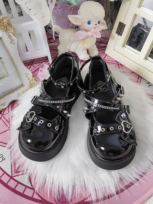 Gothic Black 4.5cm/7cm Platform Shoes with Bat Accents & Crisscross Straps