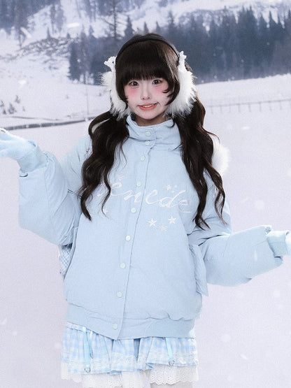 Brown/Blue Closure Kawaii Blouson Star Embroidery Dual with in Jacket Daily