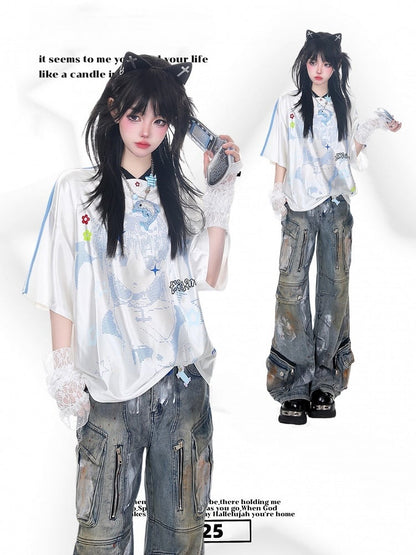 T-Shirt White V-Neck Cartoon Girl Print