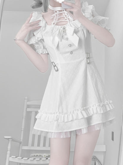 Weißes Jirai-Kleid mit Schnürung und Neck Kei-Krawattenschleife