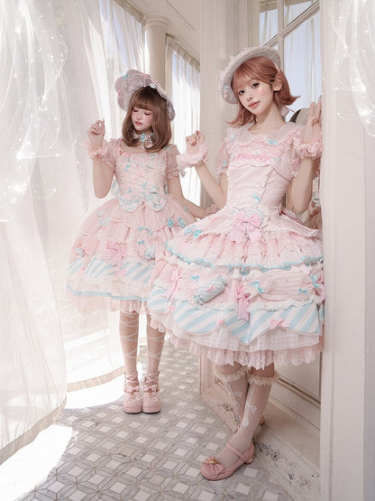 Pink & Blue Sheer Sleeves Tiered Sweet Lolita OP Dress with Bow and Candy Accents - Meng Fu Zi