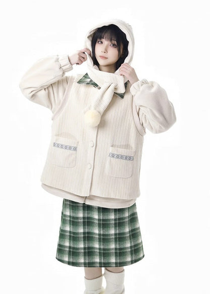 アプリコットホーンボタンデザインフリースコート+ポンポンスカーフ+ベスト