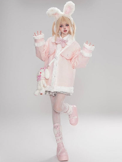 Dicke Jacke mit Polokragen und Plüschbesatz in Rosa/Kamel