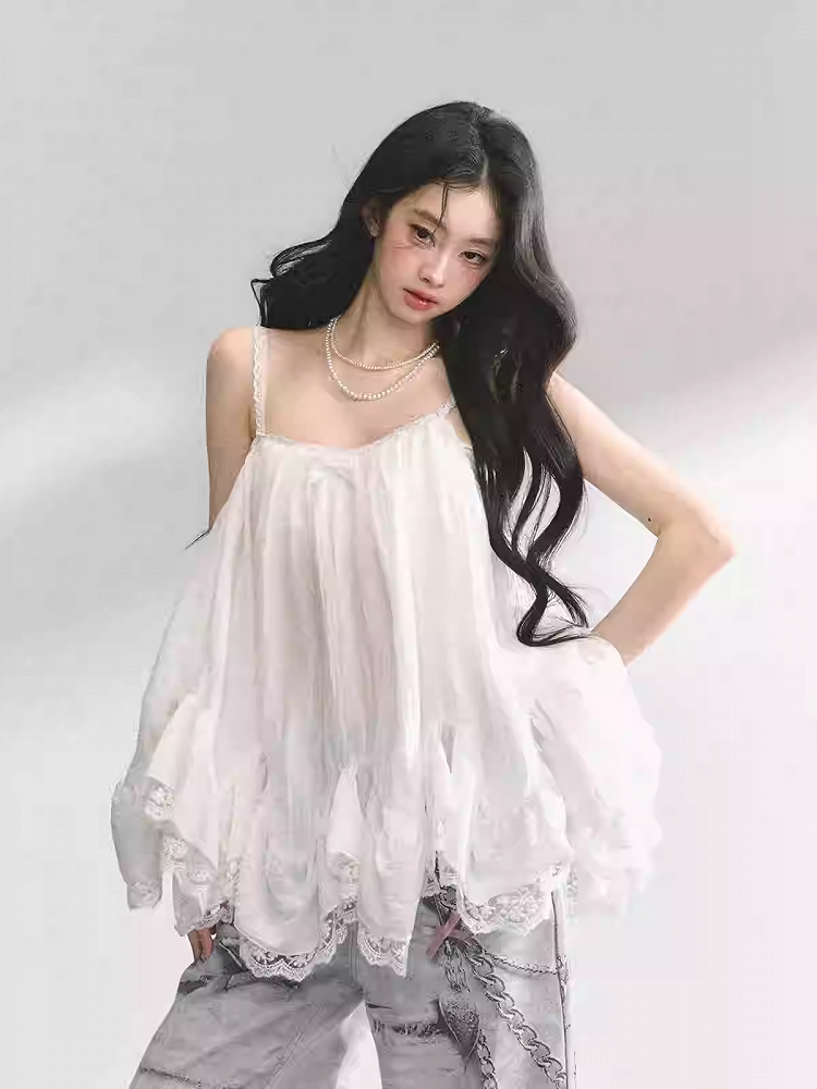 ホワイトハンカチヘムレーストリムシフォンキャミソールトップス