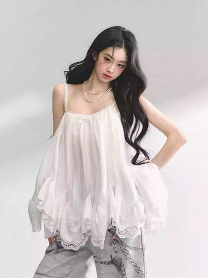 ホワイトハンカチヘムレーストリムシフォンキャミソールトップス