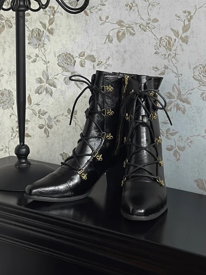 Fastening Black Boots Toe Zip in Lace Steampunk with Hybrid Mid-heel Pointed Design PU