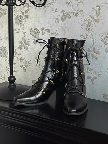 Fastening Black Boots Toe Zip in Lace Steampunk with Hybrid Mid-heel Pointed Design PU