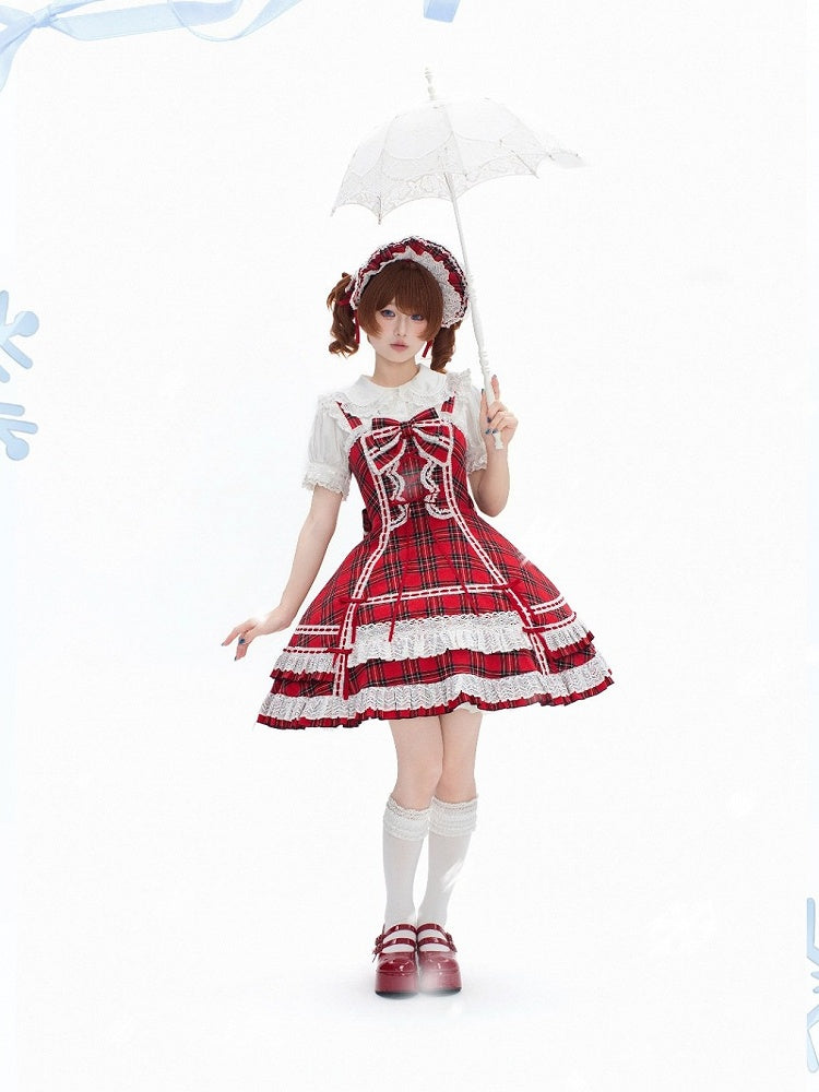 Red-White Plaid Cotton JSK Dress with Ribbon Accent
