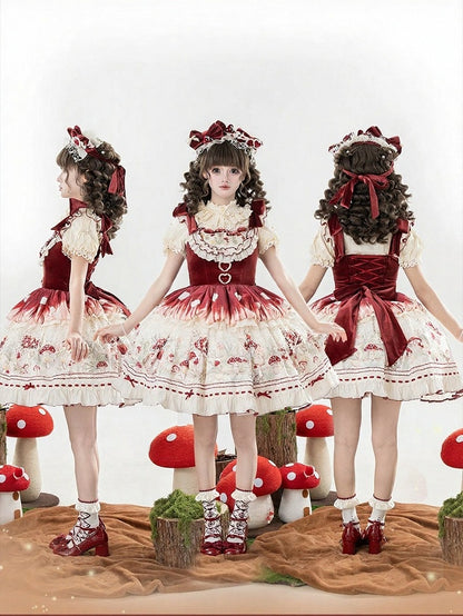Red Velvet Mushroom JSK Dress with Heart Motif - Honey Machine