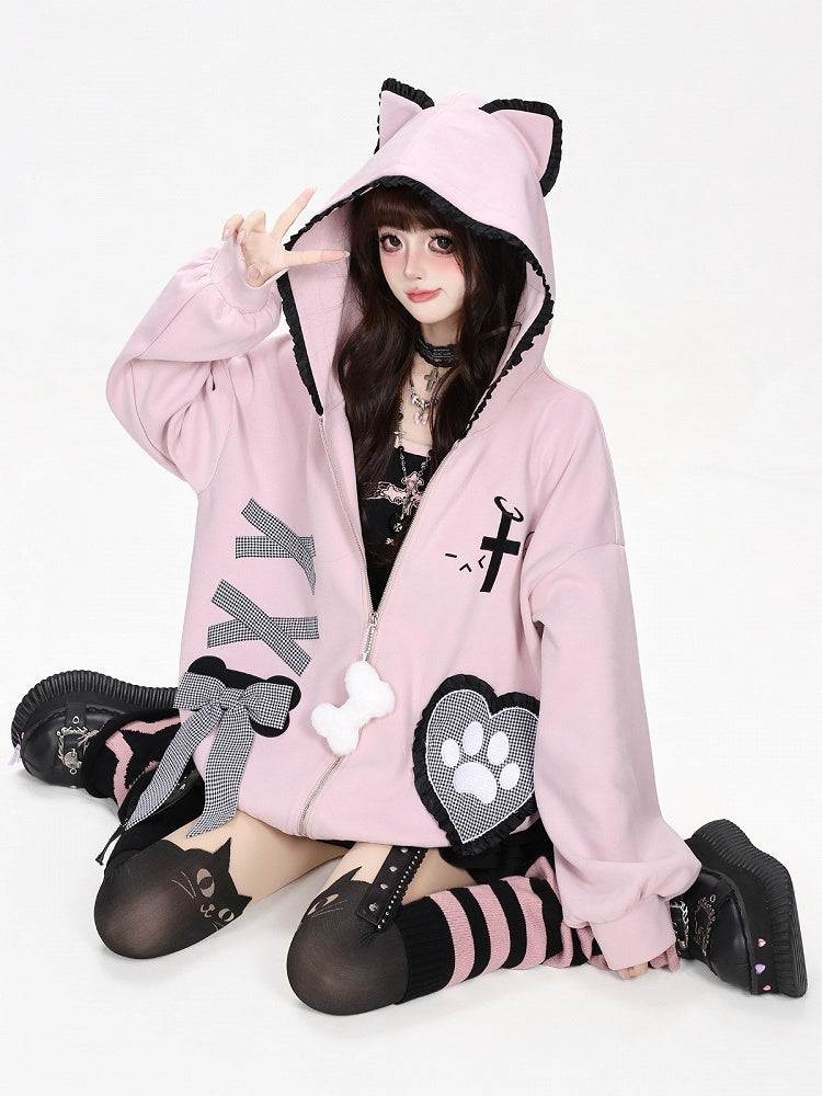 Kawaii Ruffled Kitty-Ear Hooded Jacket with Bow and Heart Patch in Pink - CRAZY GIRL