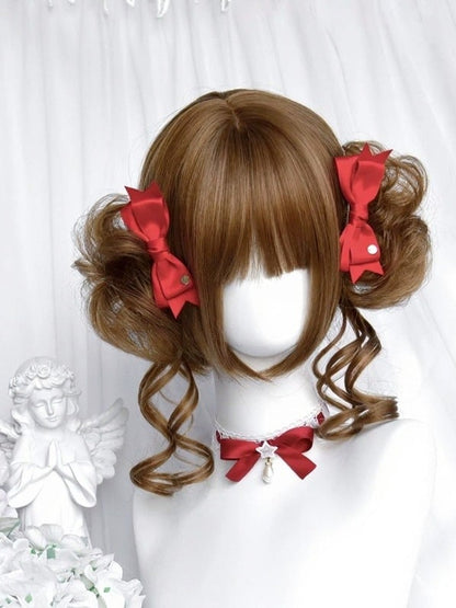 Honey Tea 22cm Full Bangs Bob Wig with Double Bun Claw Clip - Sinwavy