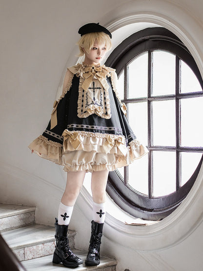 Black & Golden Cross Embroidery Cutout Shoulder Ruffled Ouji Lolita Top with Bloomers Set - Unknown Star