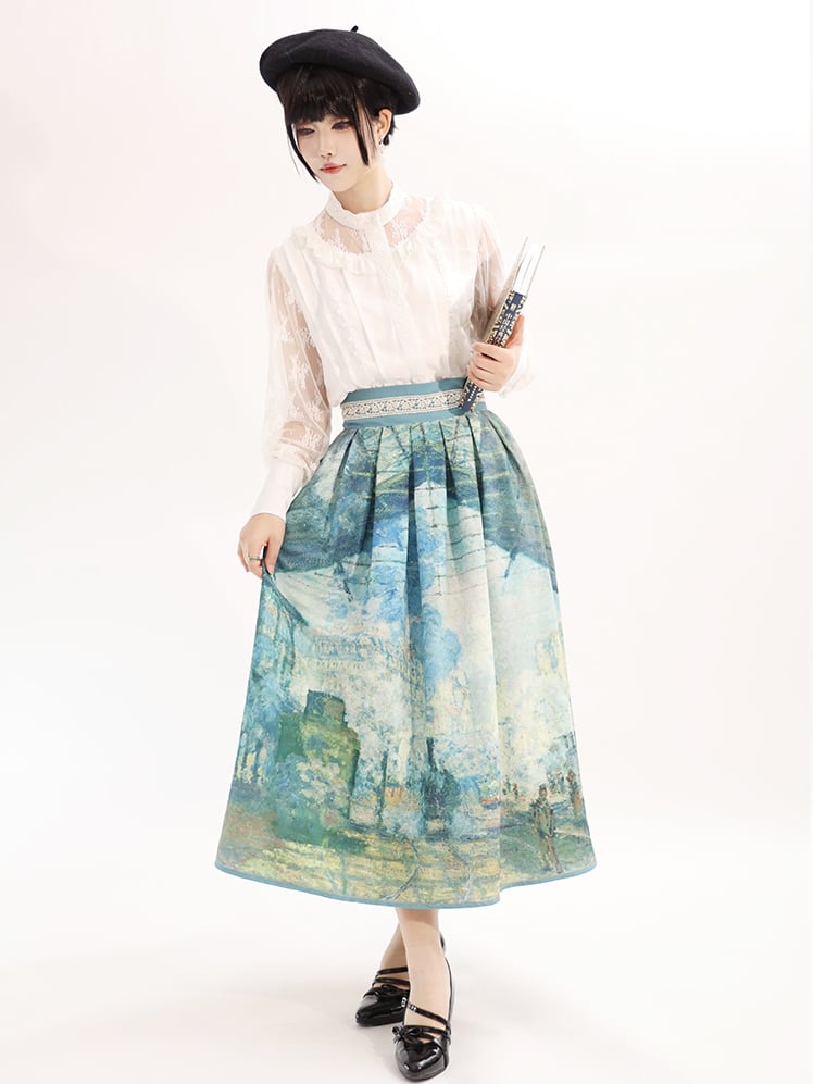 サン・ラザール油絵プリント グリーンウエストスカートバージョン ガレ ロング/ショート ハイ