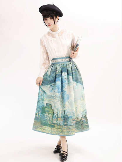 サン・ラザール油絵プリント グリーンウエストスカートバージョン ガレ ロング/ショート ハイ