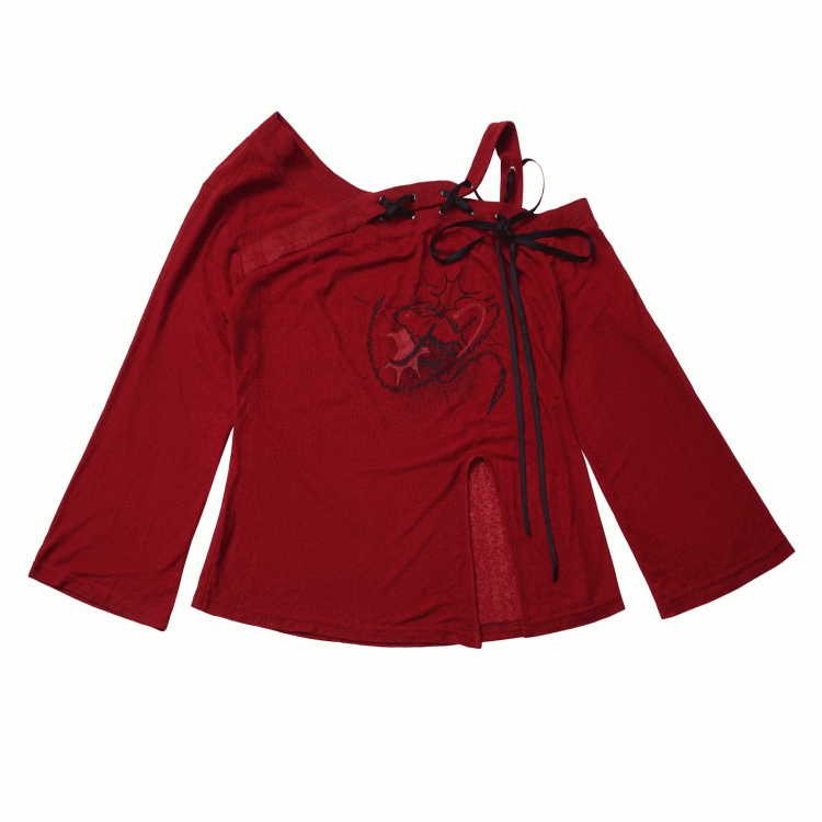 Schlitz, Schnürung, asymmetrischer Ausschnitt, roter grafischer Überwurfsaum